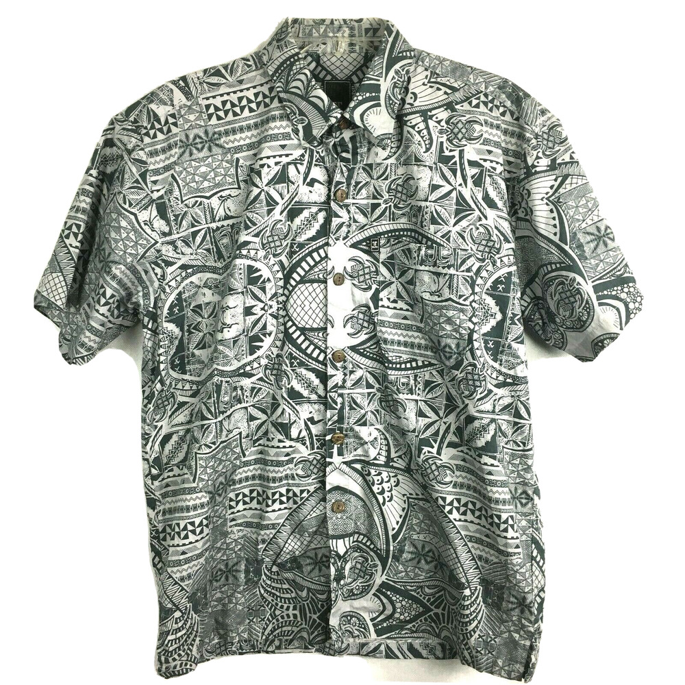 Tapa Shirt‎ Mens Sz L Gray Black Tropical Cotton Short Sleeve Button Up Hawaiian